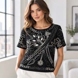 Once Again Embellished Blouse Size L Black White Floral Applique Top